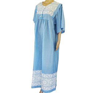 Vintage Sears Patio House Dress Women's 2x Blue & White Stripe Floral Pocket USA